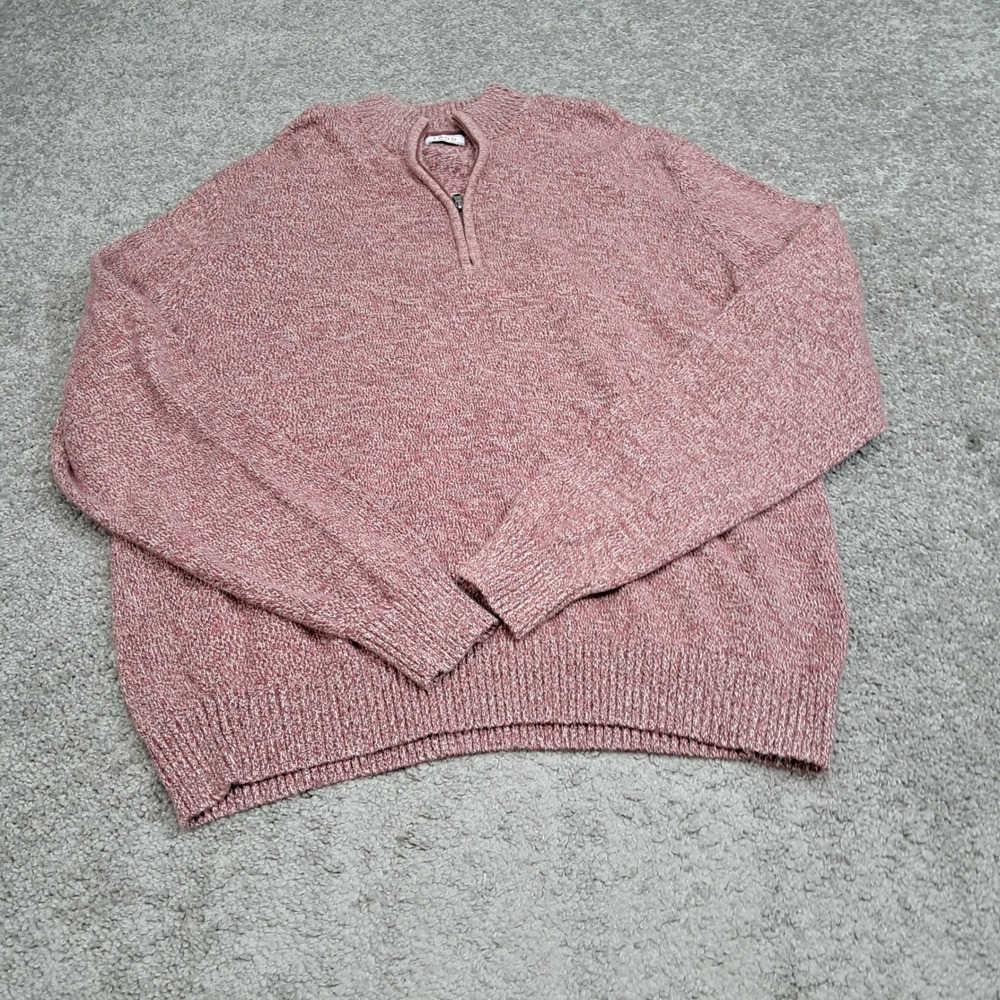 Izod Mens Quarter Zip Sweater Large Red White Marled 100% Cotton Pullover